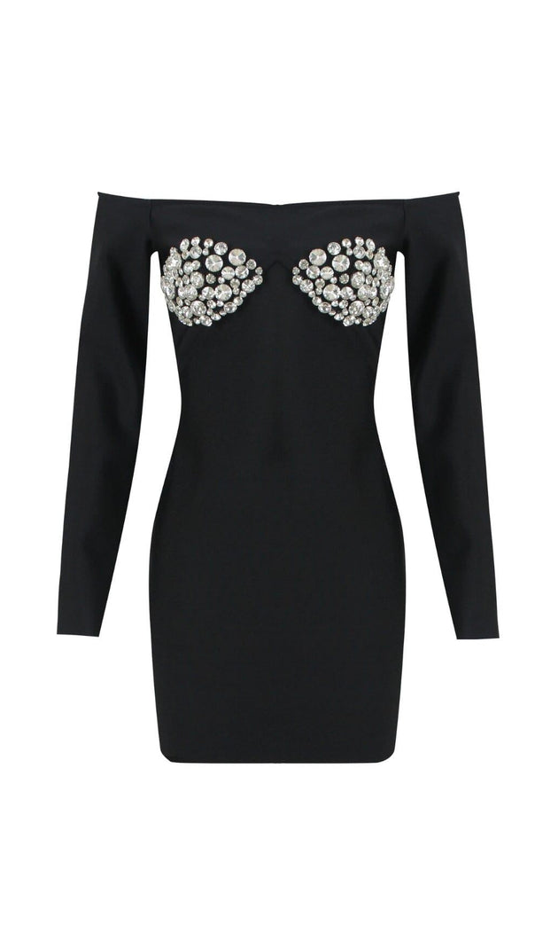 SCHWARZES OFF-SHOULDER MINIKLEID MIT KRISTALL-CUP