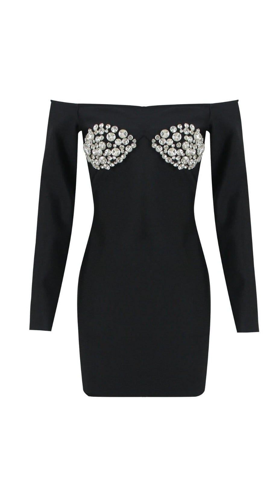 SCHWARZES OFF-SHOULDER MINIKLEID MIT KRISTALL-CUP