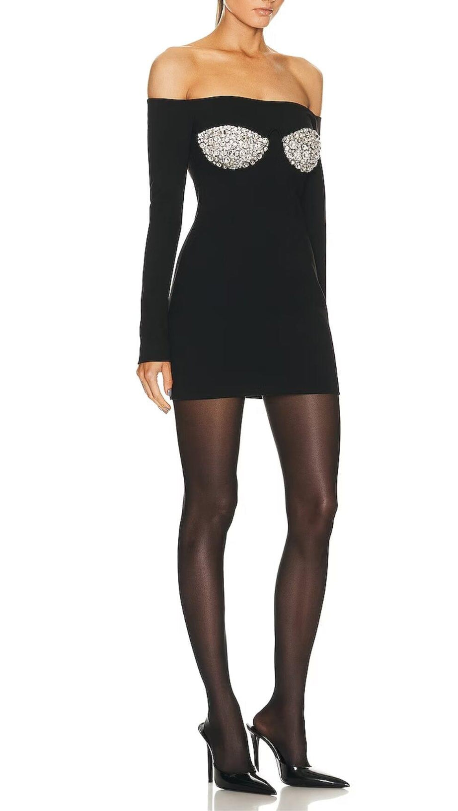 SCHWARZES OFF-SHOULDER MINIKLEID MIT KRISTALL-CUP