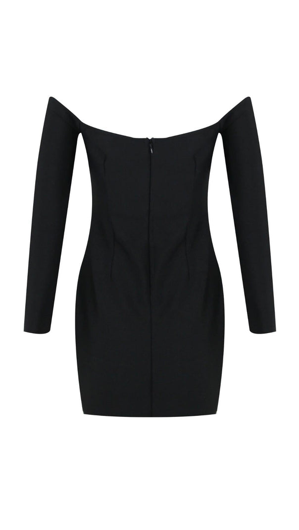 SCHWARZES OFF-SHOULDER MINIKLEID MIT KRISTALL-CUP