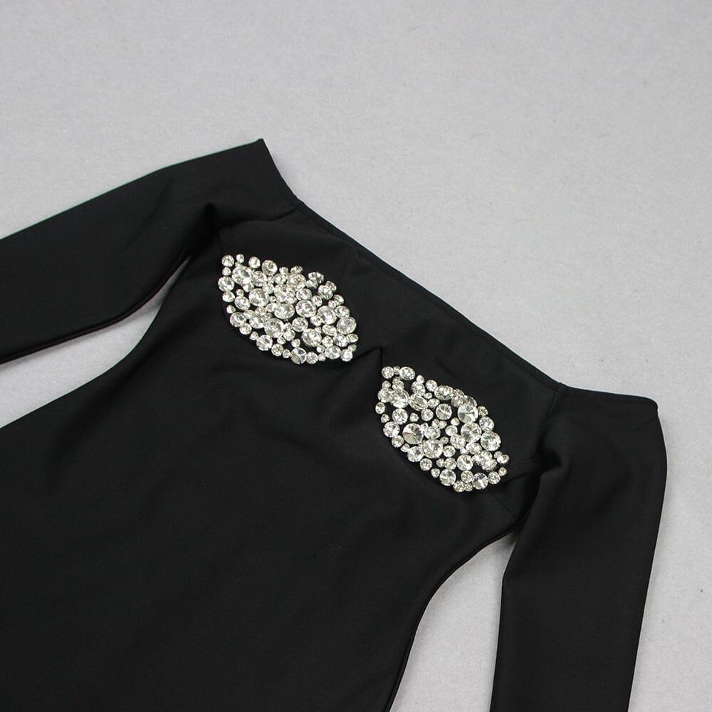 SCHWARZES OFF-SHOULDER MINIKLEID MIT KRISTALL-CUP
