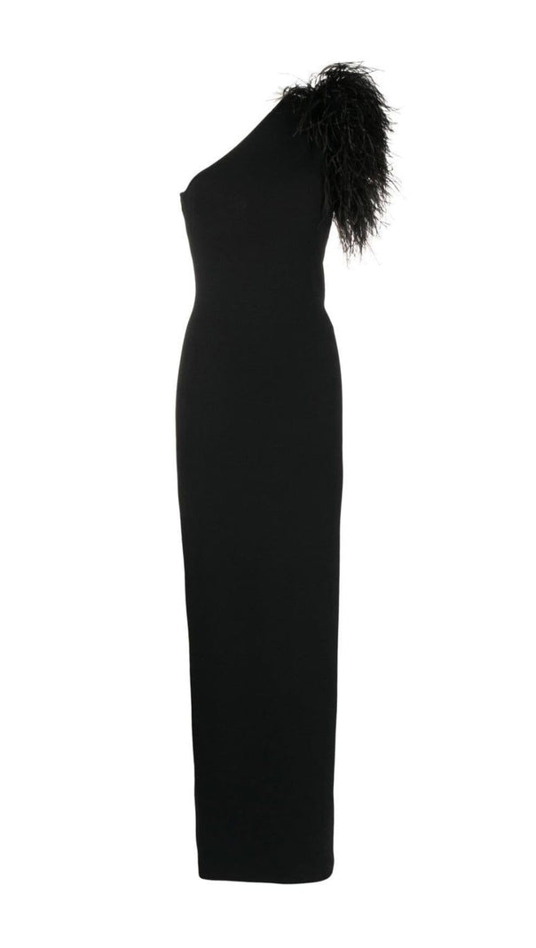 AIIZIE BLACK ONE-SHOULDER FEATHER MAXI DRESS - product image