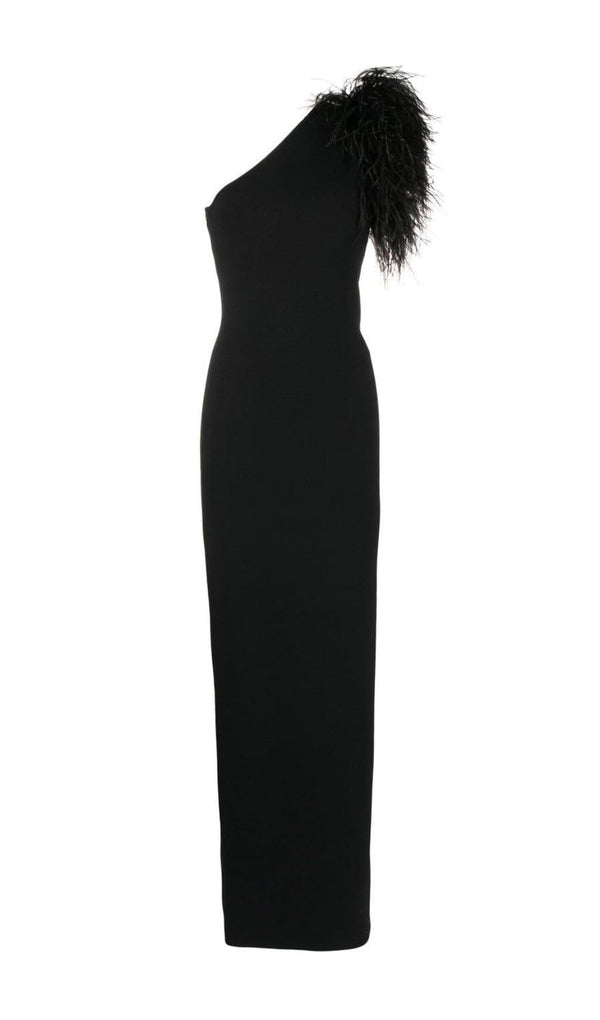 BLACK ONE-SHOULDER FEATHER MAXI DRESS