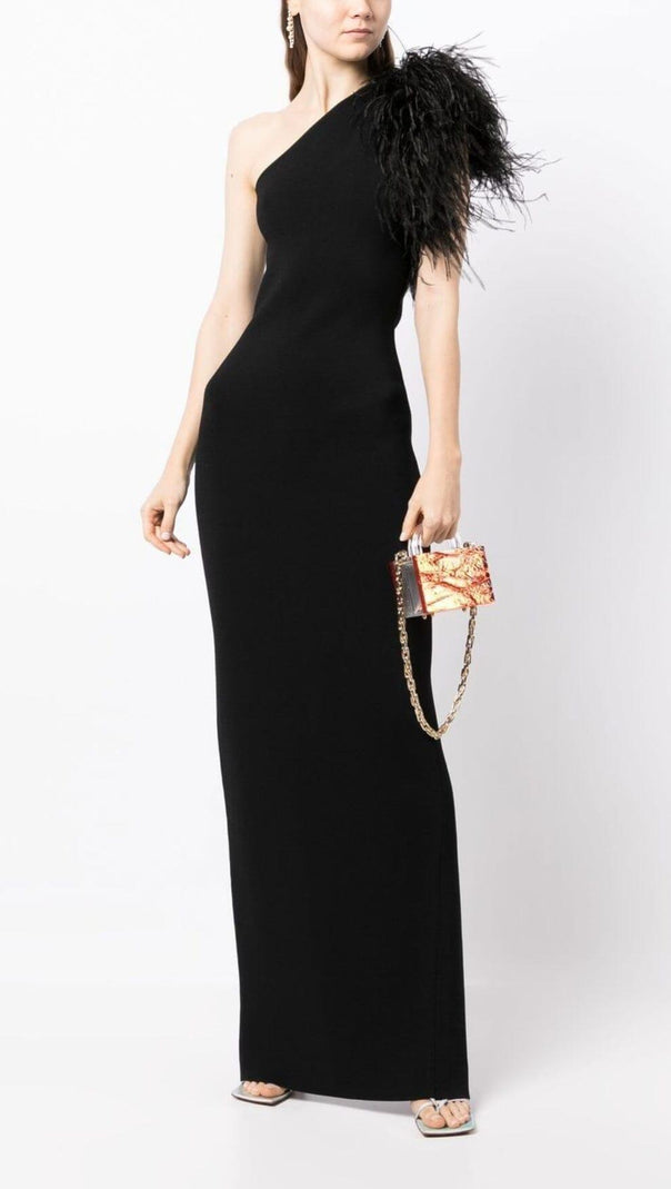 AIIZIE BLACK ONE-SHOULDER FEATHER MAXI DRESS - product image