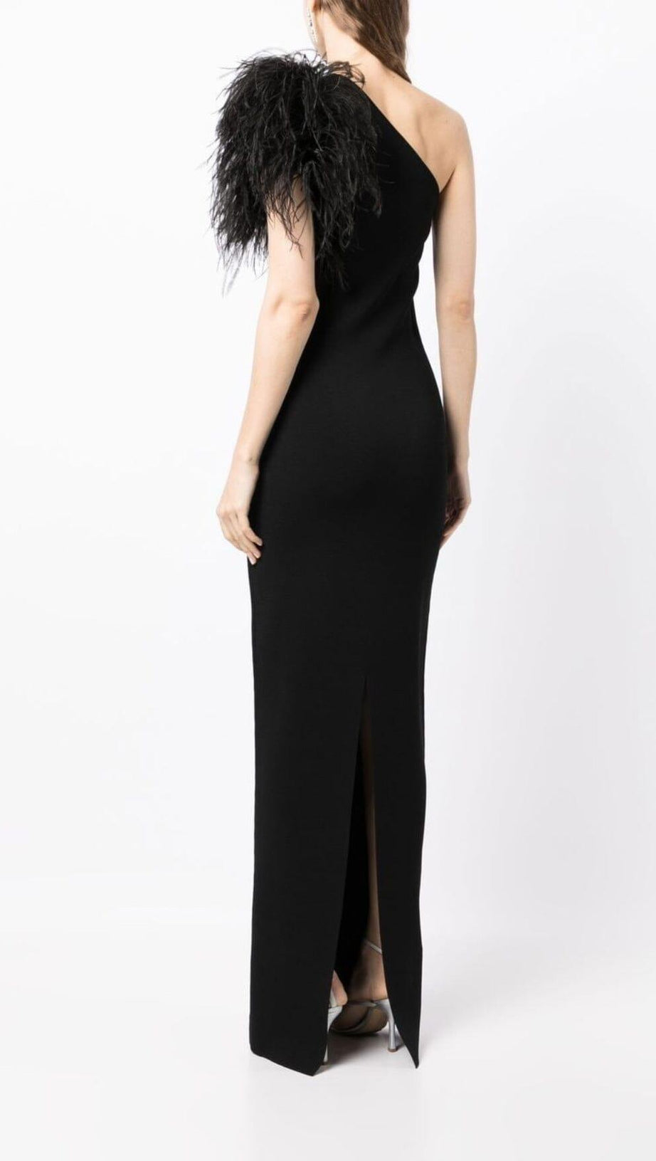 BLACK ONE-SHOULDER FEATHER MAXI DRESS