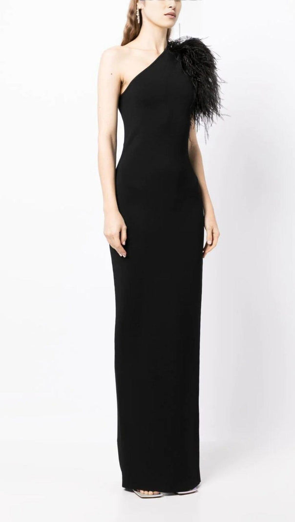 AIIZIE BLACK ONE-SHOULDER FEATHER MAXI DRESS - product image