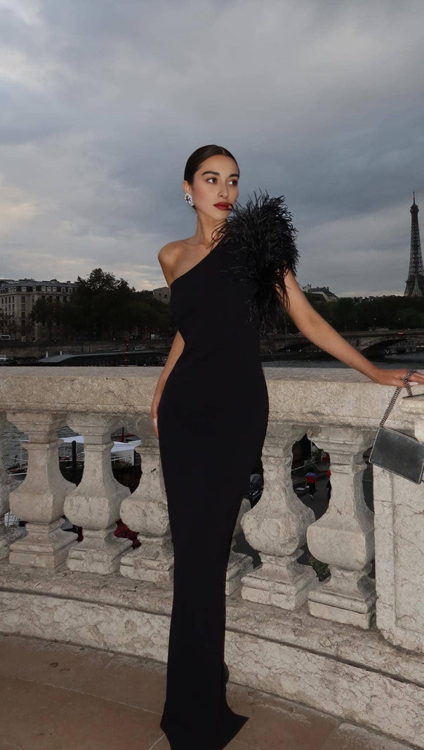 AIIZIE BLACK ONE-SHOULDER FEATHER MAXI DRESS - product image