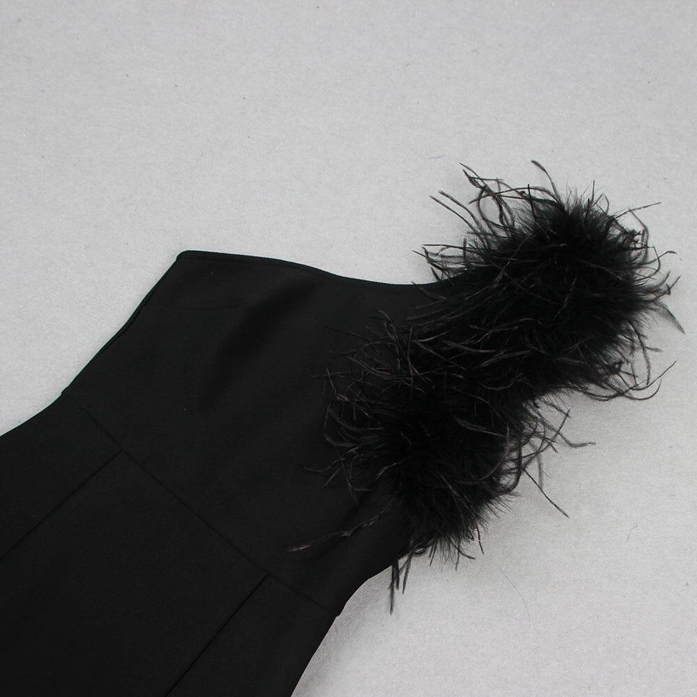 AIIZIE BLACK ONE-SHOULDER FEATHER MAXI DRESS - product image