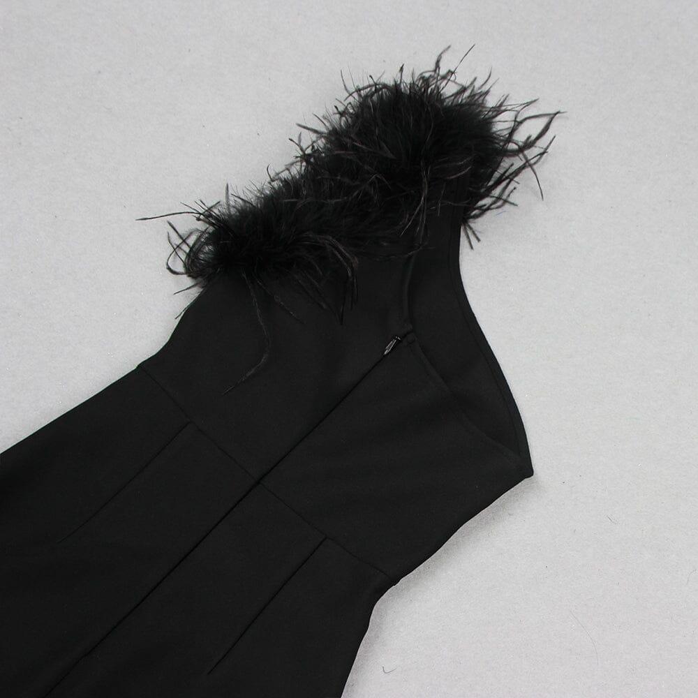 AIIZIE BLACK ONE-SHOULDER FEATHER MAXI DRESS - product image
