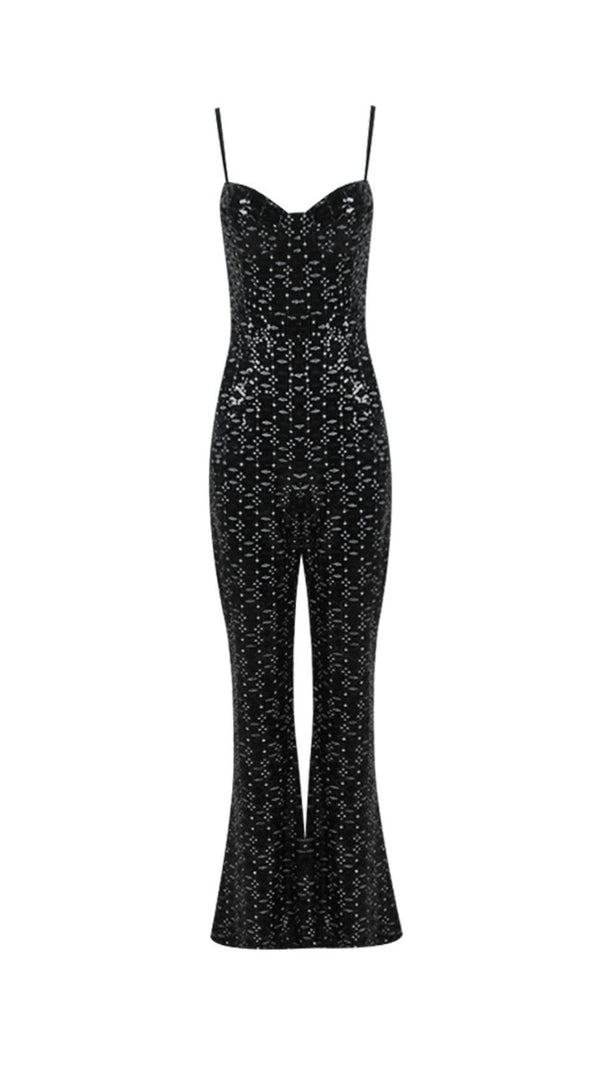 AIIZIE BLACK SEQUIN SUSPENDER STRAPLESS STRAPLESS SLIM FIT JUMPSUIT - product image