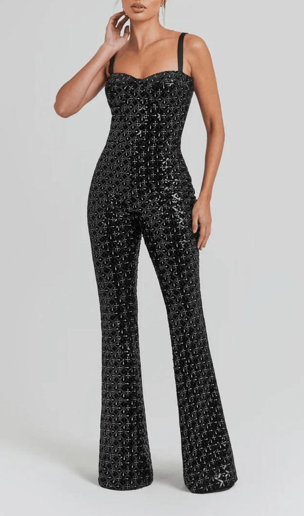 BLACK SEQUIN SUSPENDER STRAPLESS STRAPLESS SLIM FIT JUMPSUIT