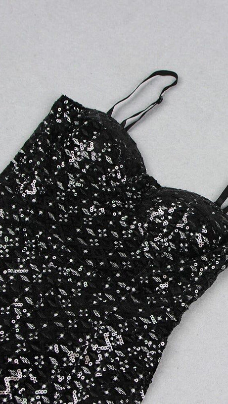 BLACK SEQUIN SUSPENDER STRAPLESS STRAPLESS SLIM FIT JUMPSUIT
