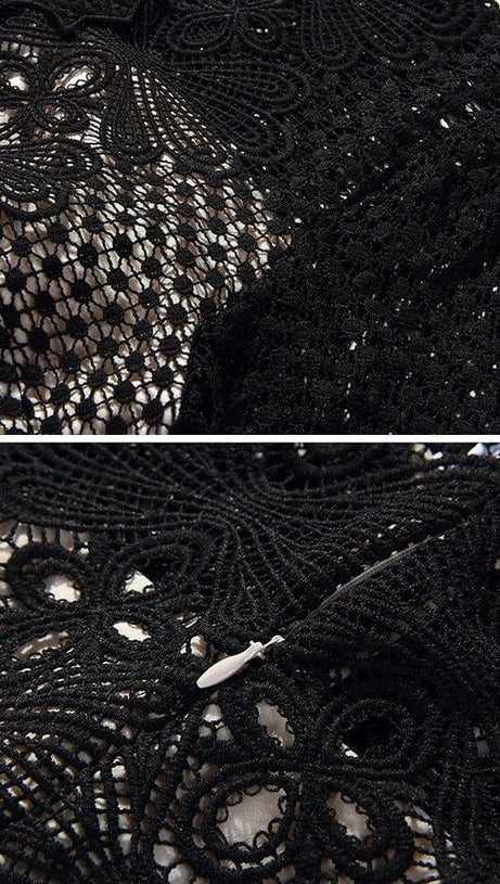 ROUND NECK LONG SLEEVE A LINE EMBROIDERY HOLLOW OUT MINI DRESS