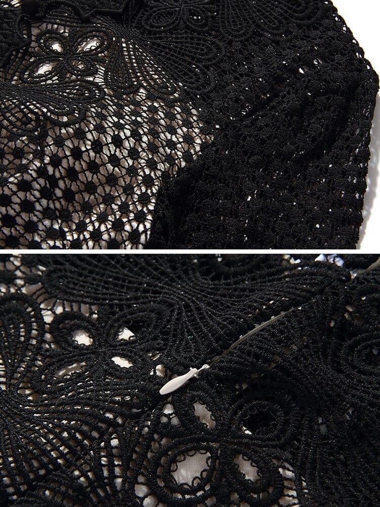 AIIZIE ROUND NECK LONG SLEEVE A LINE EMBROIDERY HOLLOW OUT MINI DRESS - product image