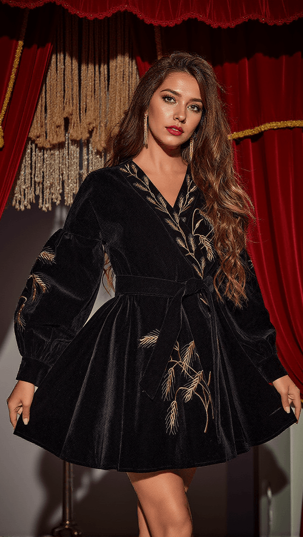 AIIZIE TIMOTHY PLANTS EMBROIDERED VELVET COAT DRESS - product image