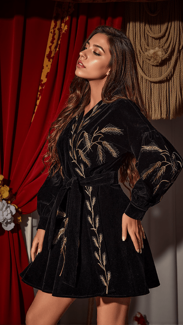 AIIZIE TIMOTHY PLANTS EMBROIDERED VELVET COAT DRESS - product image