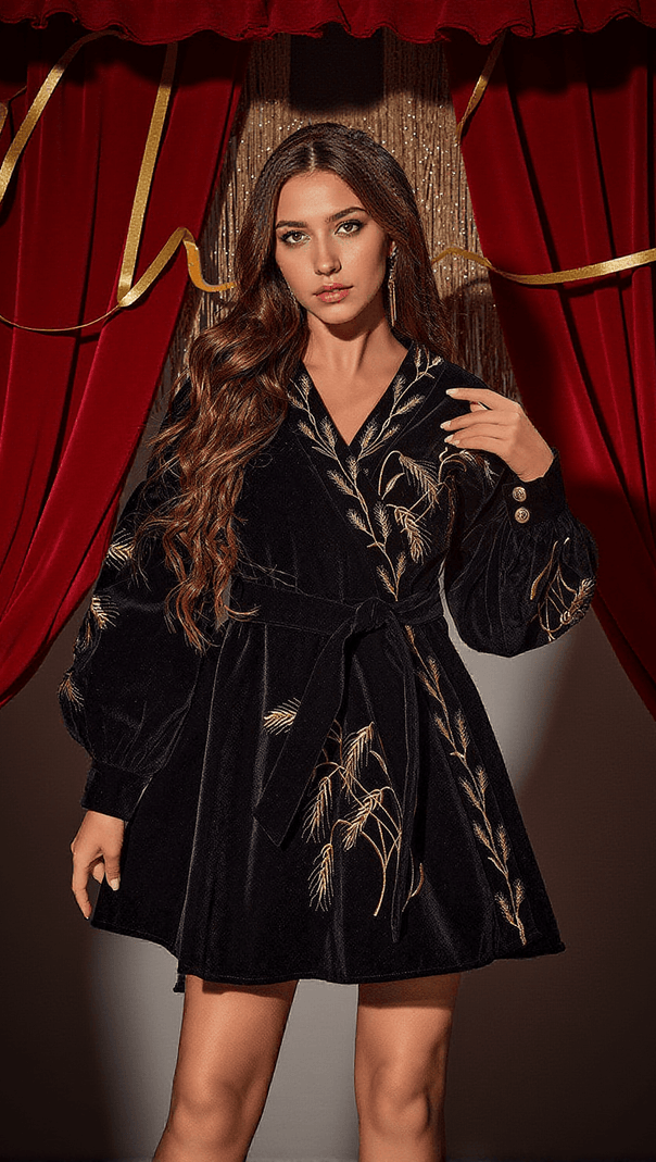 AIIZIE TIMOTHY PLANTS EMBROIDERED VELVET COAT DRESS - product image