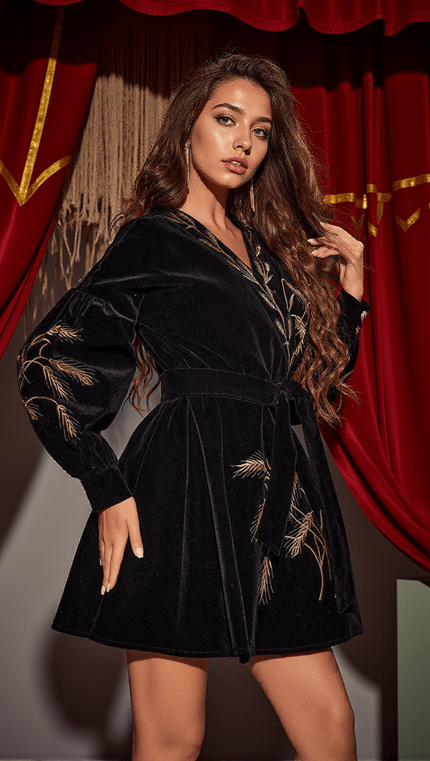 AIIZIE TIMOTHY PLANTS EMBROIDERED VELVET COAT DRESS - product image