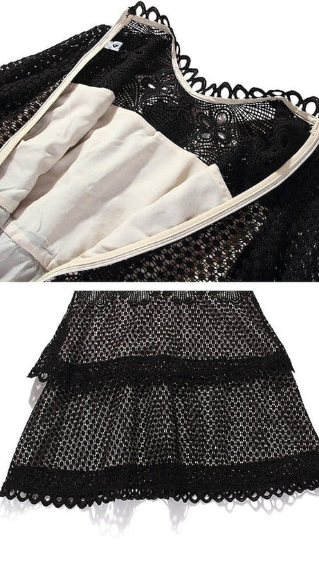 ROUND NECK LONG SLEEVE A LINE EMBROIDERY HOLLOW OUT MINI DRESS