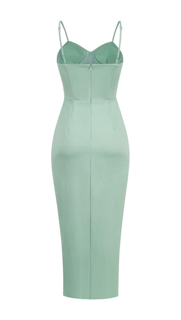AIIZIE GREEN SATIN SWEETHEART NECK CORSET FRONT SPLIT MAXI DRESS - product image