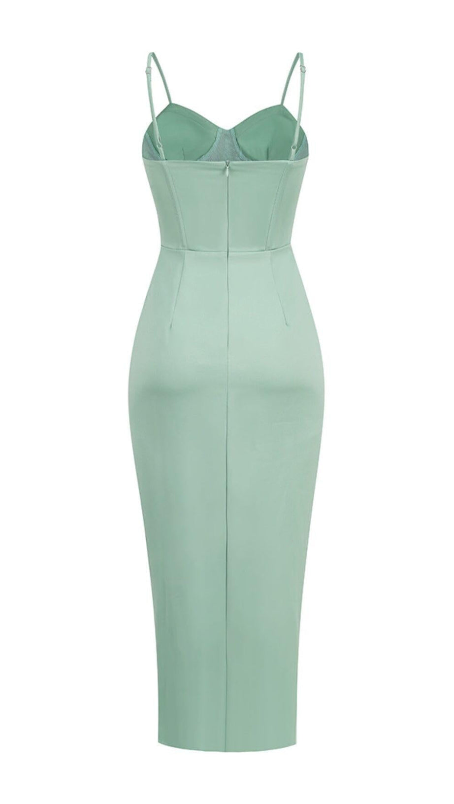 GREEN SATIN SWEETHEART NECK CORSET FRONT SPLIT MAXI DRESS