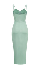 GREEN SATIN SWEETHEART NECK CORSET FRONT SPLIT MAXI DRESS