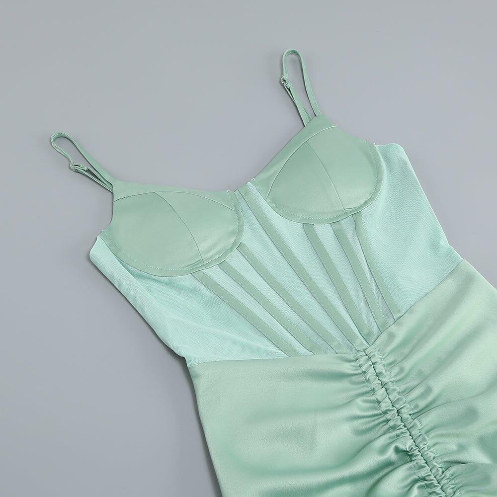 AIIZIE GREEN SATIN SWEETHEART NECK CORSET FRONT SPLIT MAXI DRESS - product image