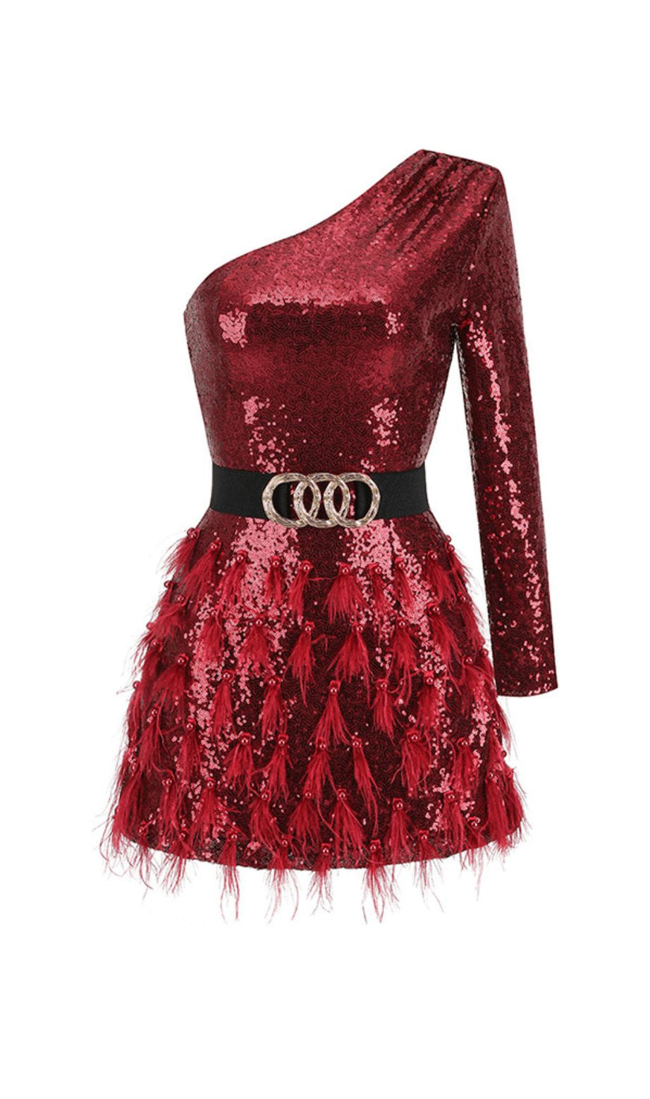 ONE-SHOULDER-MINIKLEID MIT LANGEN ÄRMELN UND FEDERPAILLETTEN
