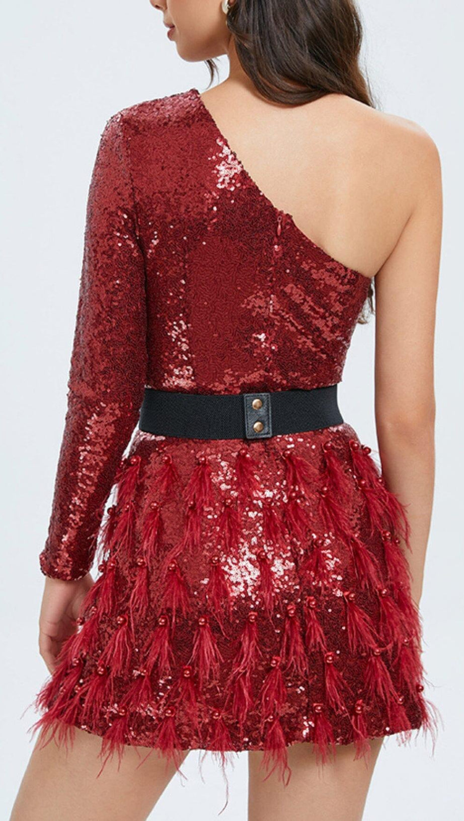 MINI ABITO MONOSPALLA A MANICHE LUNGHE CON PAILLETTES DI PIUME