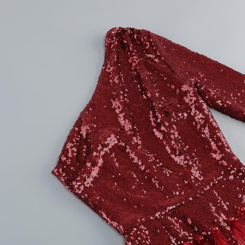 MINI ABITO MONOSPALLA A MANICHE LUNGHE CON PAILLETTES DI PIUME