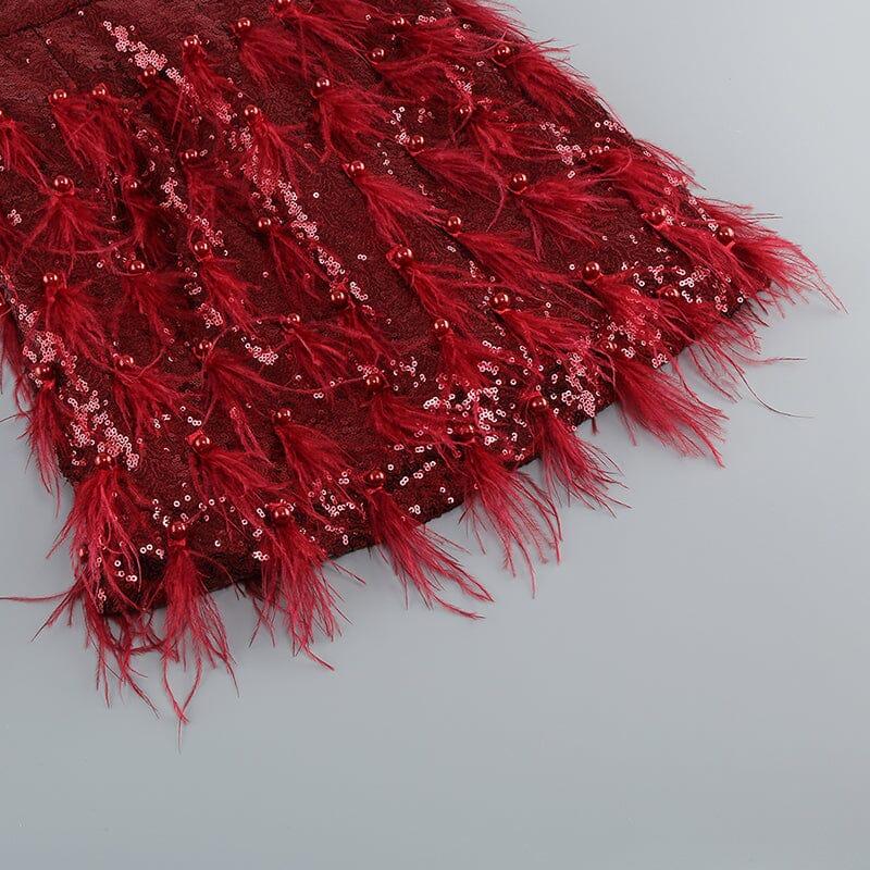 MINI ABITO MONOSPALLA A MANICHE LUNGHE CON PAILLETTES DI PIUME