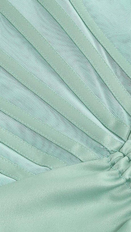 GREEN SATIN SWEETHEART NECK CORSET FRONT SPLIT MAXI DRESS