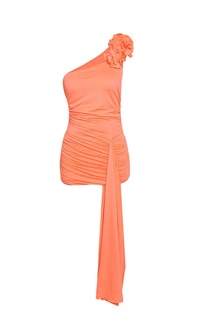 ORANGE ONE SHOULDER RUFFLE MINI DRESS