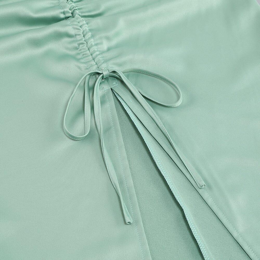 AIIZIE GREEN SATIN SWEETHEART NECK CORSET FRONT SPLIT MAXI DRESS - product image