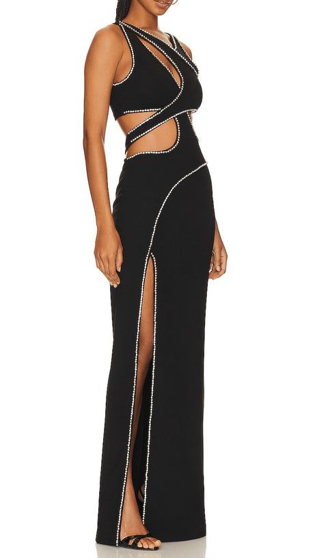 PEARL EMBELLISHED JERSEY MAXI DRESS IN BLCAK