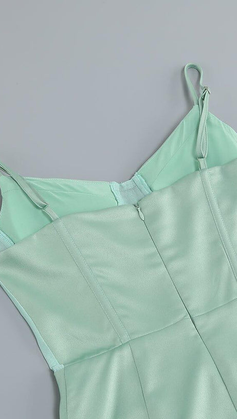 GREEN SATIN SWEETHEART NECK CORSET FRONT SPLIT MAXI DRESS