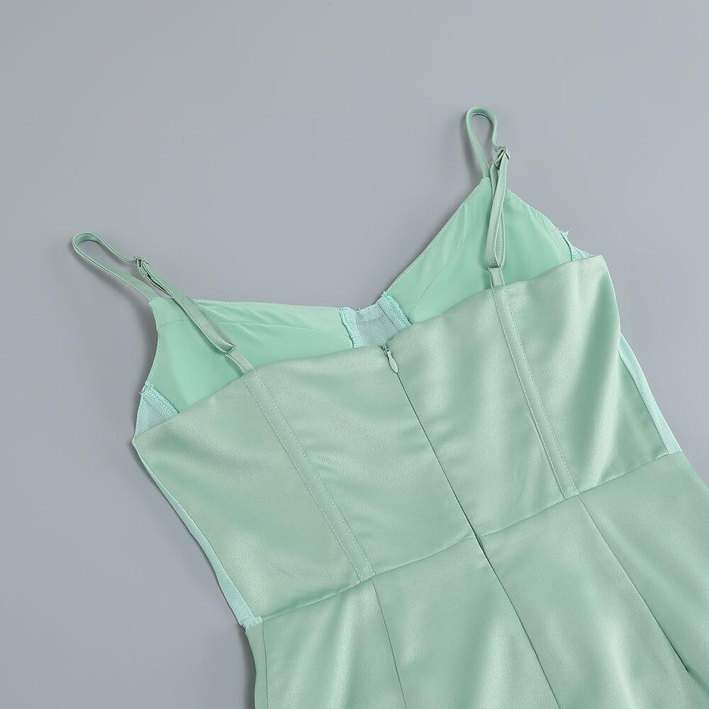 AIIZIE GREEN SATIN SWEETHEART NECK CORSET FRONT SPLIT MAXI DRESS - product image