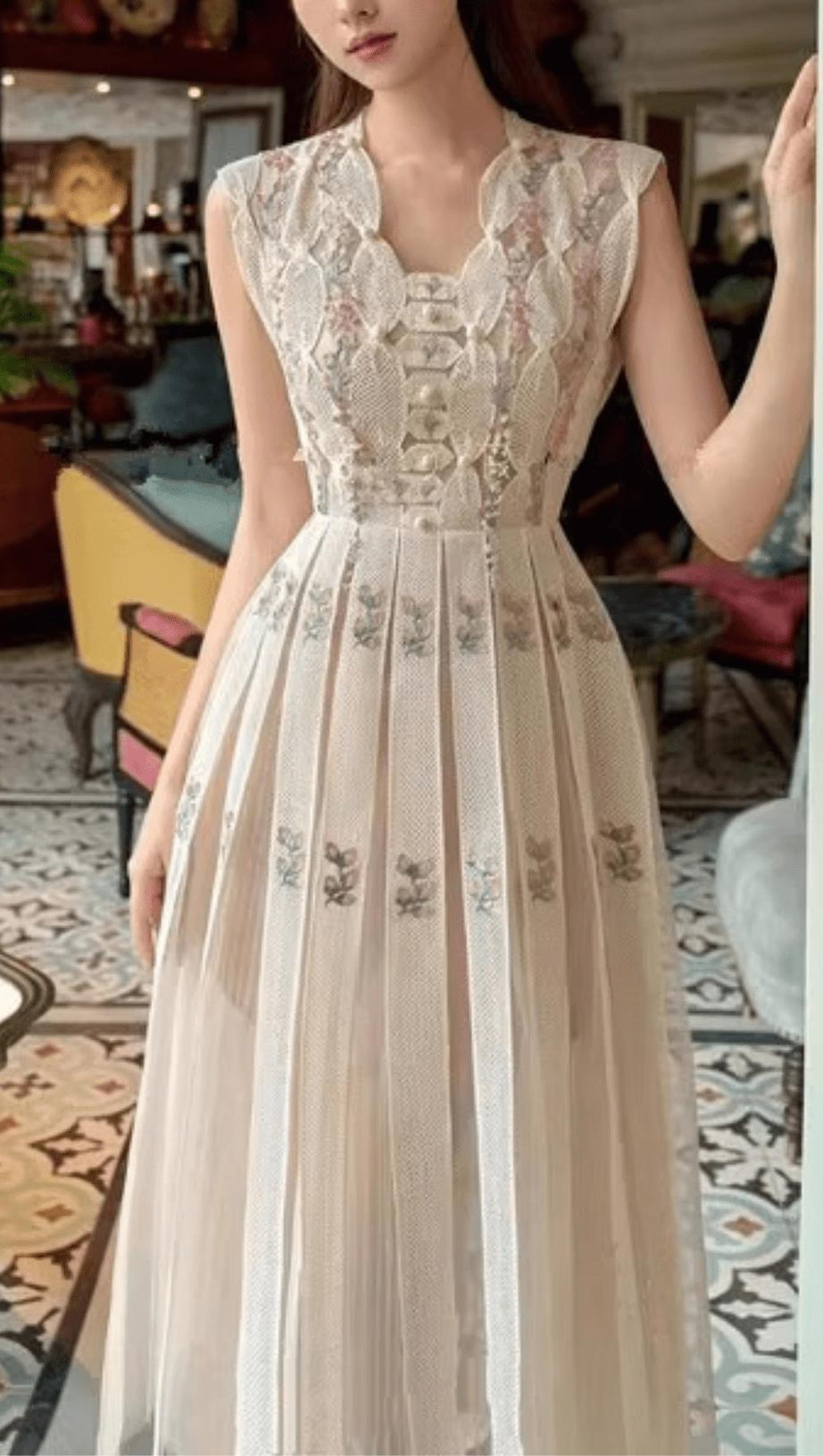 PEARL-EMBELLISHED SLEEVELESS FLORAL MIDI DRESS