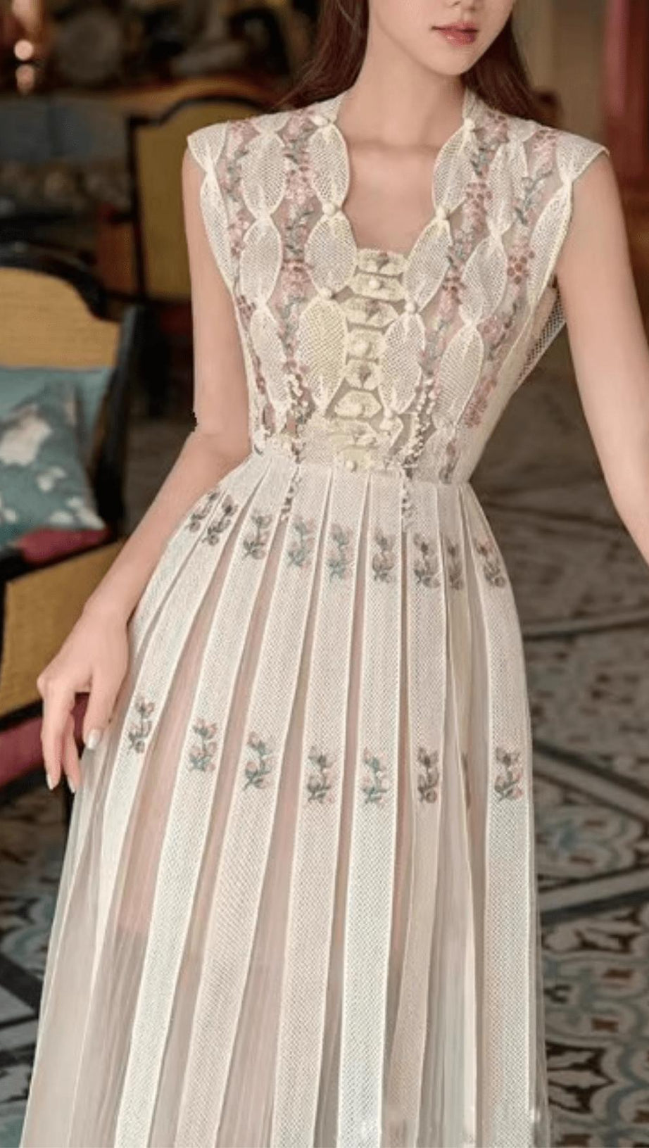 PEARL-EMBELLISHED SLEEVELESS FLORAL MIDI DRESS