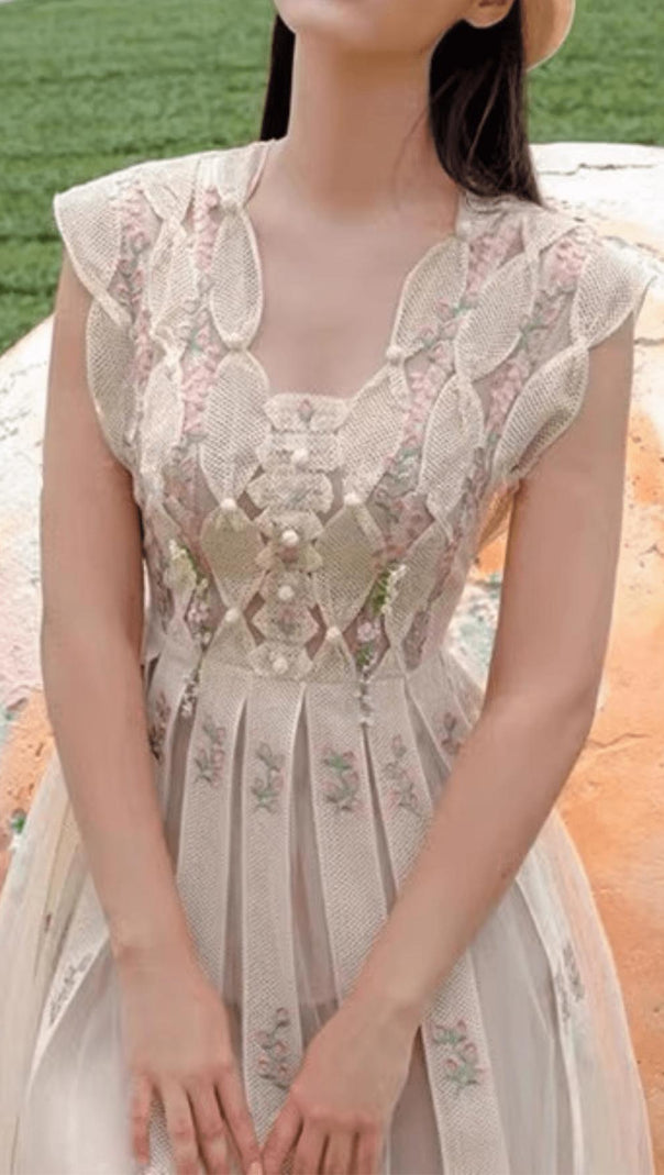 AIIZIE PEARL-EMBELLISHED SLEEVELESS FLORAL MIDI DRESS - product image