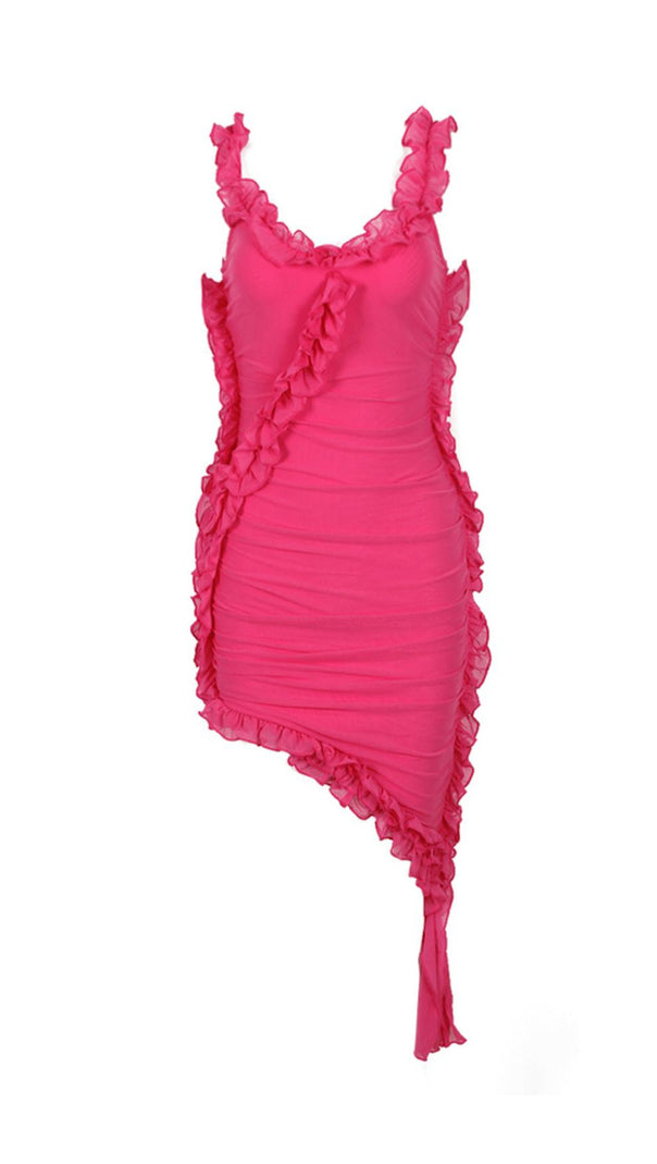 Pink Off Shoulder Ruffle Bandage Dress