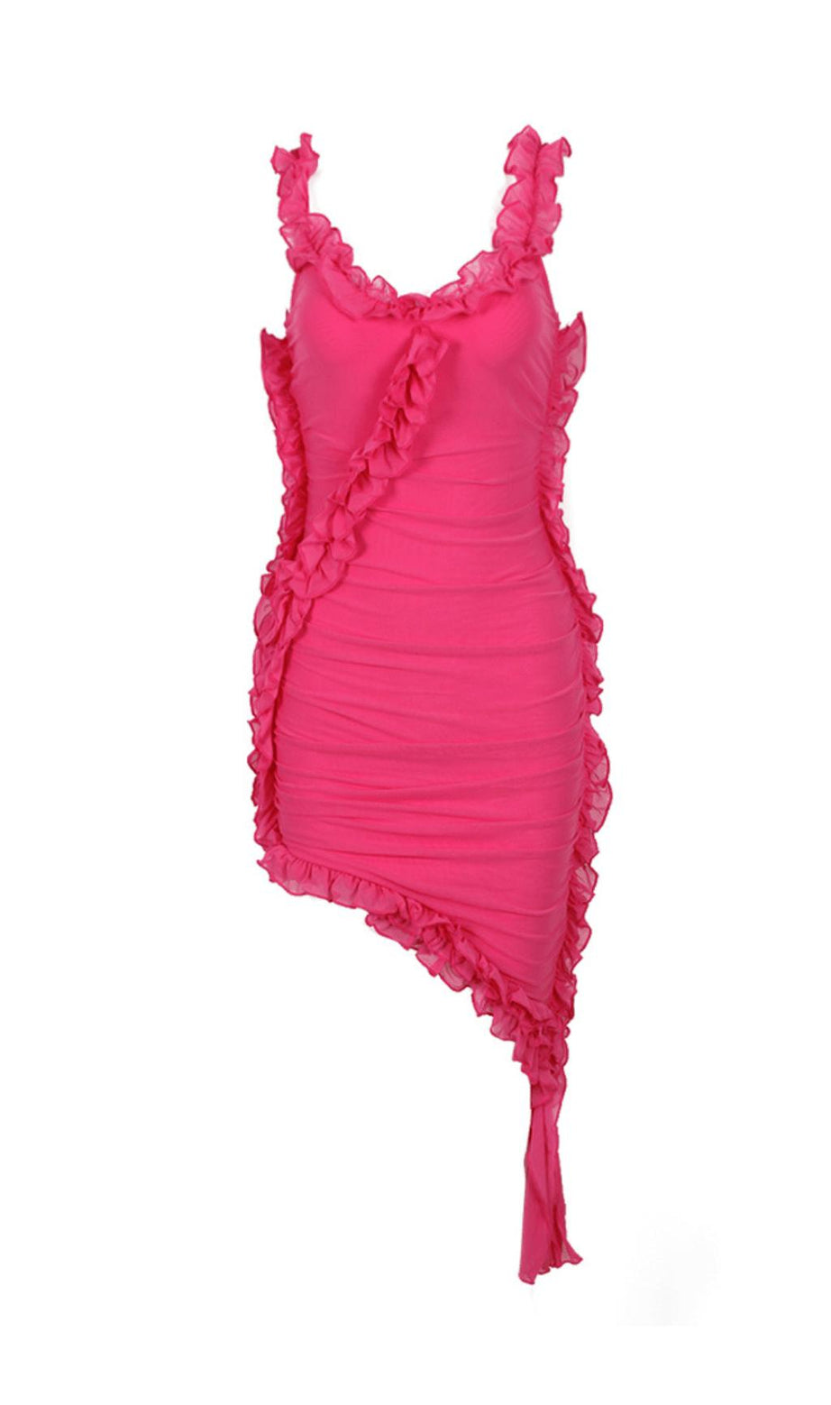 ROSA OFF-SHOULDER-BANDAGE-KLEID MIT RÜSCHEN