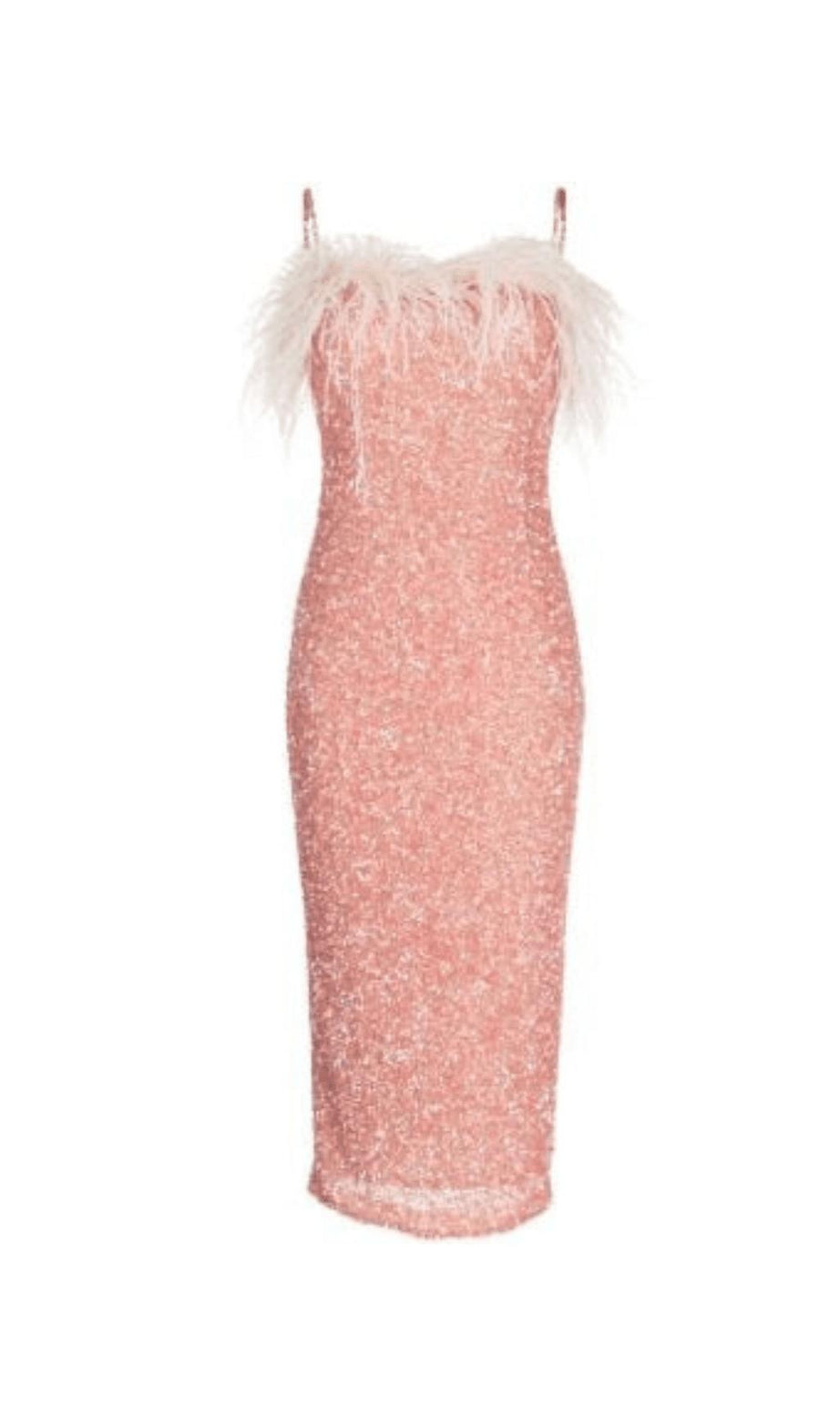 PINK MIDIKLEID MIT PAILLETTEN UND FEDERN 