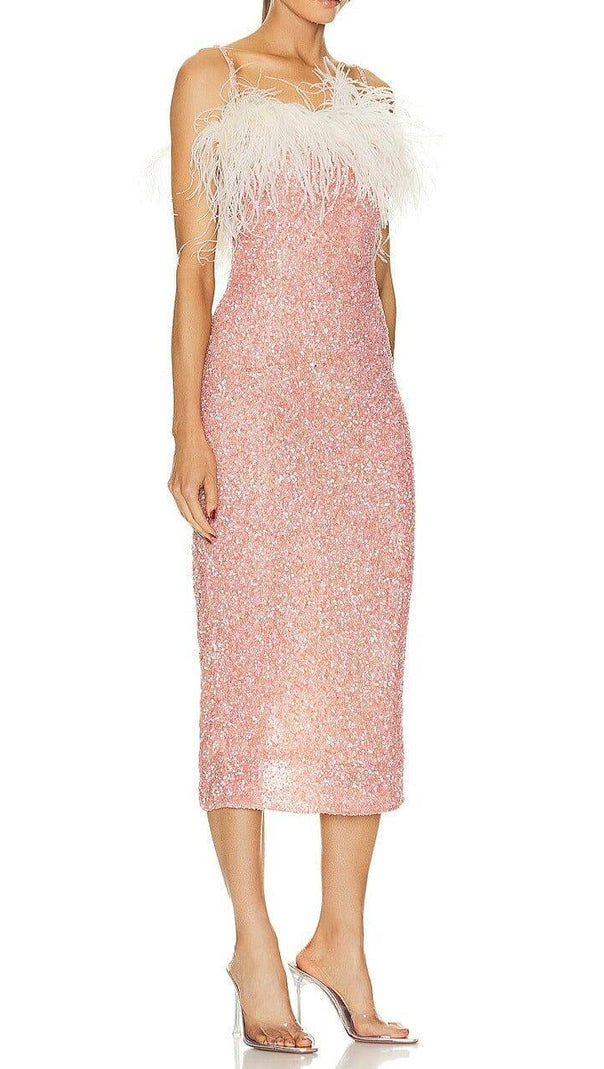 AIIZIE PINK SEQUIN-EMBELLISHED FEATHER MIDI DRESS - product image
