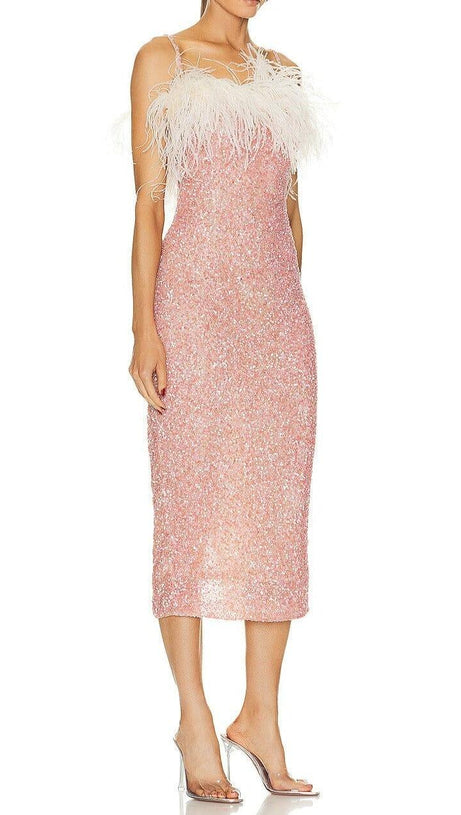 ABITO MIDI CON PIUME E PAILLETTES ROSA 