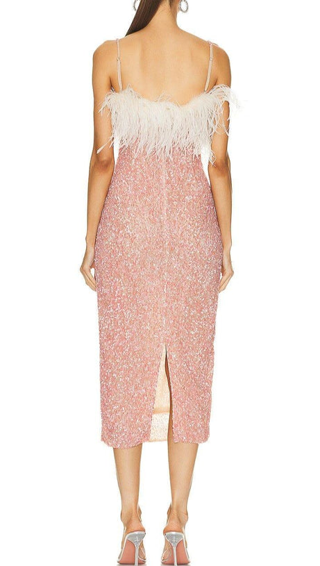 ABITO MIDI CON PIUME E PAILLETTES ROSA 