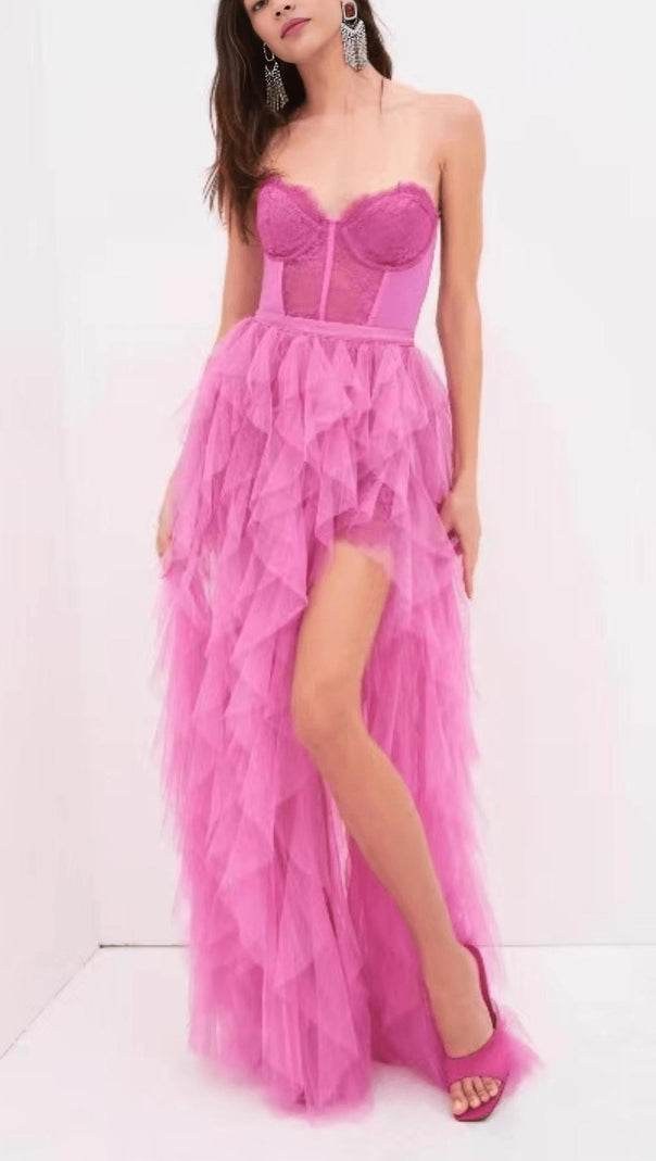 AIIZIE PINK STRAPLESS LACE PATCHWORK MESH MAXI DRESS - product image