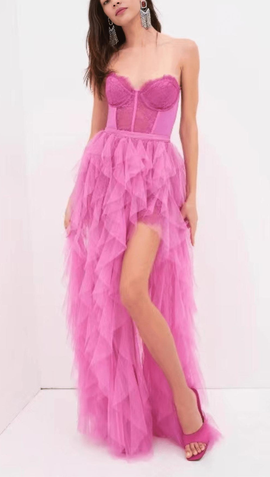 PINK STRAPLESS LACE PATCHWORK MESH MAXI DRESS