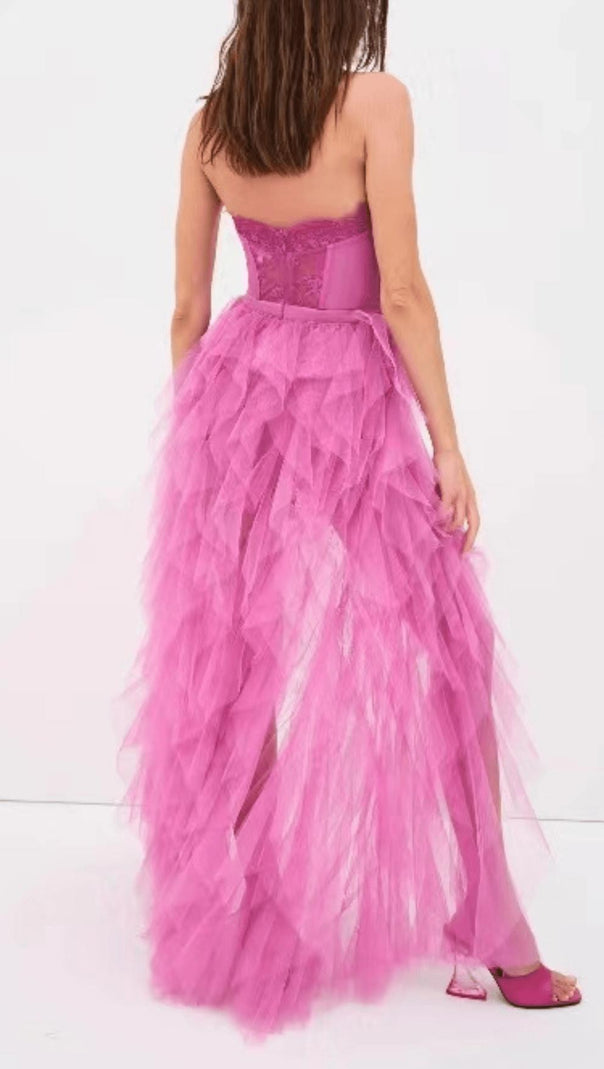AIIZIE PINK STRAPLESS LACE PATCHWORK MESH MAXI DRESS - product image