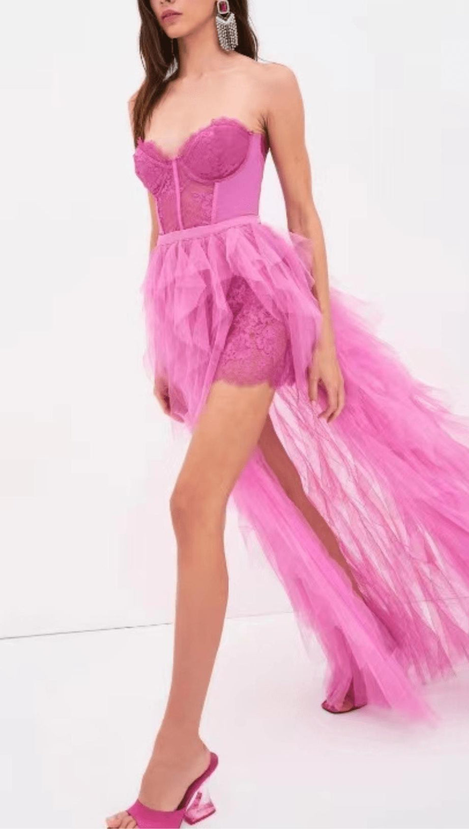 PINK STRAPLESS LACE PATCHWORK MESH MAXI DRESS